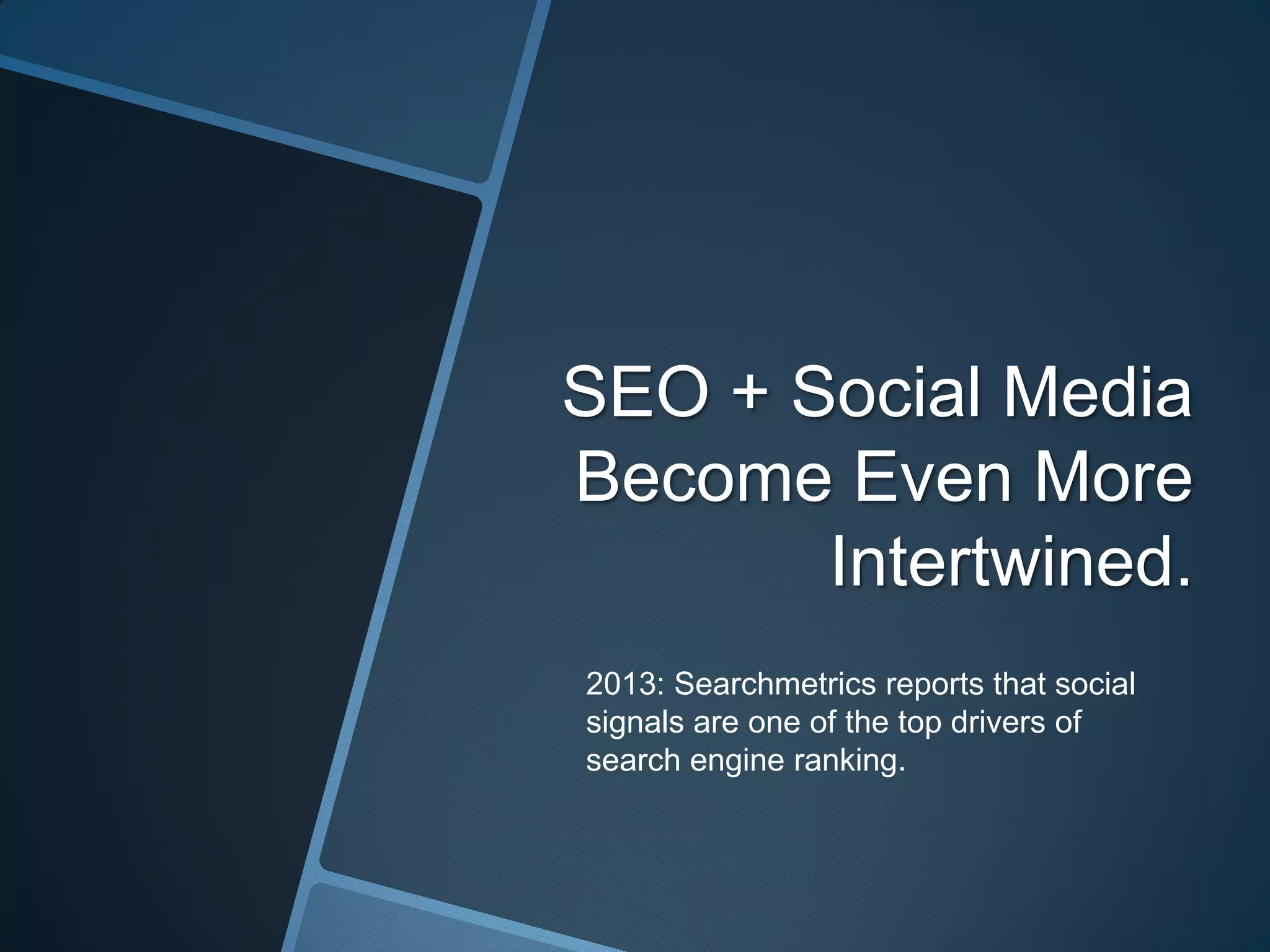 SEO + Social Media
Become Even More
Intertwined.
2013: Searchmetrics reports that social
signals are one of the top drivers of
search engine ranking.