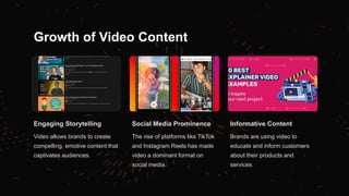 Growth of Video Content
Engaging Storytelling
Video allows brands to create
compelling, emotive content that
captivates audiences.
Social Media Prominence
The rise of platforms like TikTok
and Instagram Reels has made
video a dominant format on
social media.
Informative Content
Brands are using video to
educate and inform customers
about their products and
services.
 