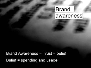 Brand  awareness Brand Awareness = Trust = belief Belief = spending and usage 