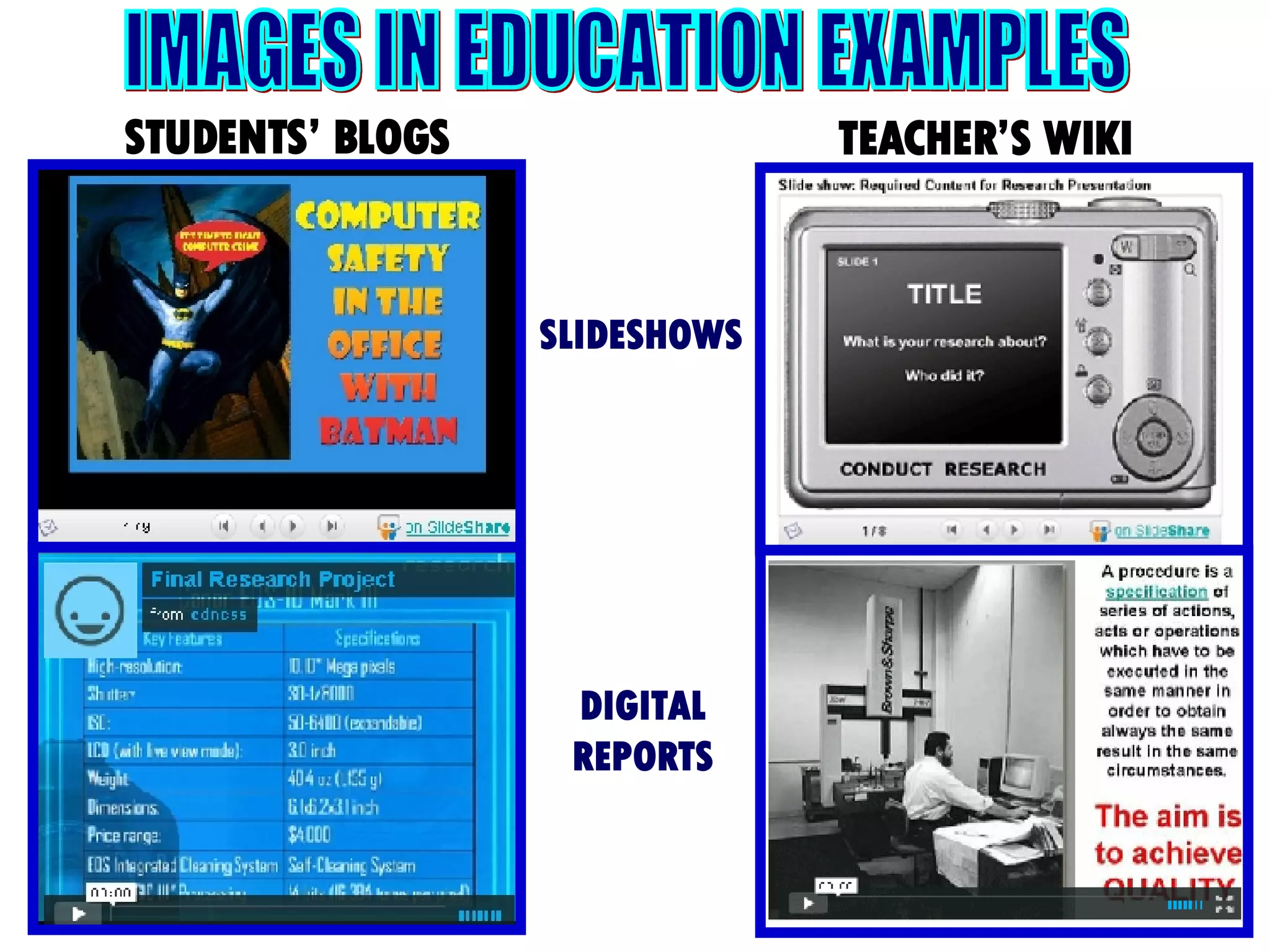 IMAGES IN EDUCATION EXAMPLES STUDENTS’ BLOGS TEACHER’S WIKI SLIDESHOWS DIGITAL REPORTS 