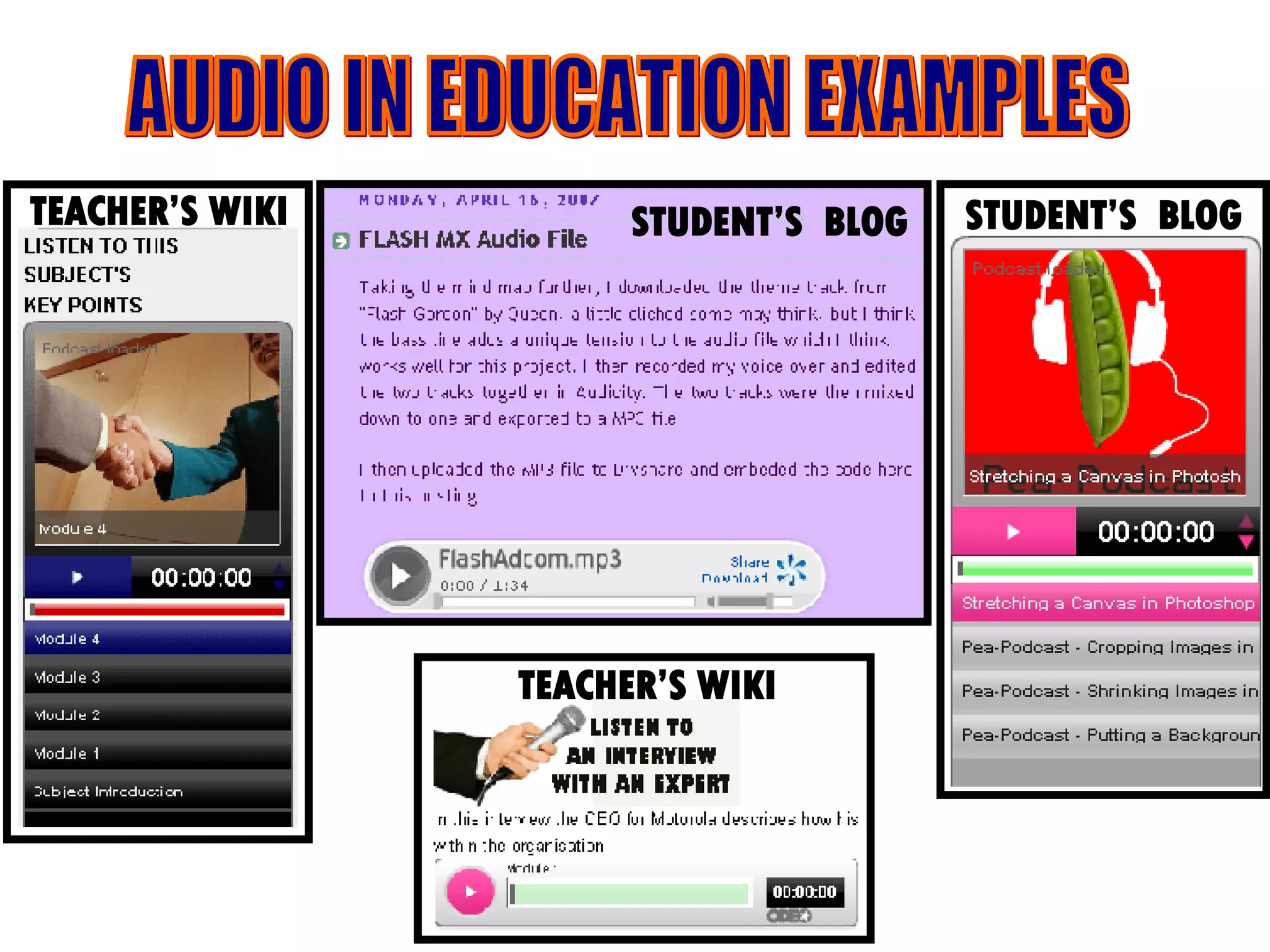 TEACHER’S WIKI STUDENT’S  BLOG STUDENT’S  BLOG TEACHER’S WIKI AUDIO IN EDUCATION EXAMPLES 