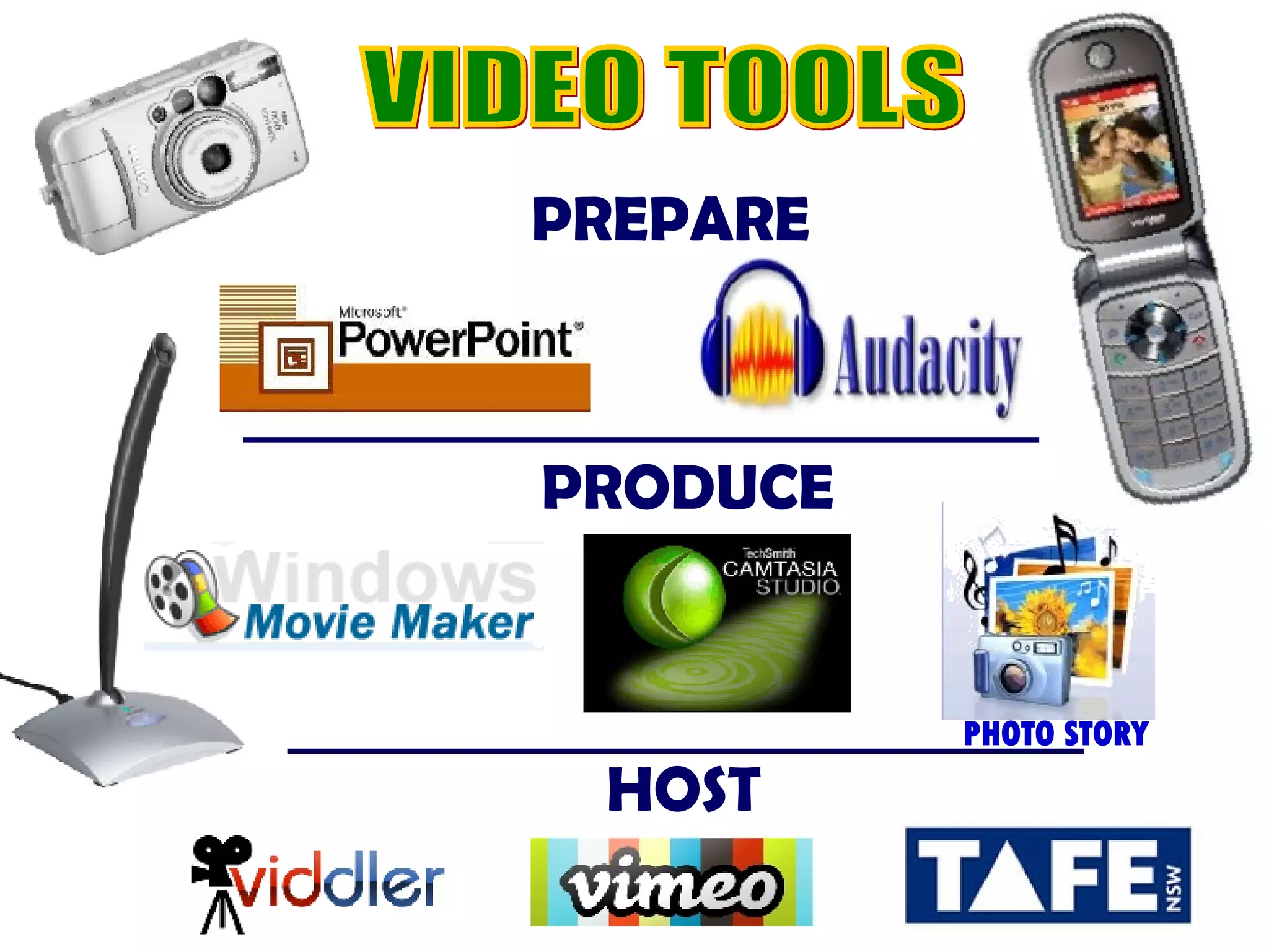VIDEO TOOLS PREPARE PRODUCE HOST PHOTO STORY 