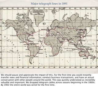 Major telegraph lines in 1891

We should pause and appreciate the impact of this. For the ﬁrst time you could instantly
tr...