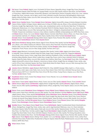 F Fiji: Deezer, iTunes Finland: 7digital, CDON, City Market CM Store, Deezer, Digianttila, eMusic, Google Play, iTunes, Musa24.fi,
Music Unlimited, Napster, Nokia Mix Radio, NRJ Kauppa Mobile, rara.com, Rdio, Spotify, VidZone, Xbox Music, YouTube France:
121 MusicStore, 7digital, Altermusique, AmazonMP3, Beatport, cd1d, Daily Motion, Deezer, Echopolite, eMusic, Ezic, FNAC Jukebox,
Google Play, iTunes, Jamendo, Jazz en ligne, Last.fm, Music Unlimited, musicMe, Musicovery, MyClubbingStore, MySurround,
Napster, Nokia Mix Radio, Qobuz, rara.com, Rdio, Samsung Music Hub, SFR Music, Spotify, Starzik, Vevo, VidZone, Virgin Mega,
Xbox Music, YouTube, Zaoza
G Gabon: Deezer Gambia: Deezer, iTunes Georgia: Deezer Germany: 7digital, AmazonMP3, Ampya, Artistxite, Beatport, boomkat,
Classics Online, Clipfish, Col-legno, Deezer, digital-tunes, DJ Shop, DJTUNES, elixic.de, eMusic, e-Plus unlimited, Eventim Music,
Finetunes, Google Play, Highresaudio, iTunes, Jamba, Juke, Junodownload, Last.fm, Linn Records, Make Music TV, Maxdome,
Mediamarkt, Medionmusic, MTV, Music Unlimited, Musicload, MUZU.TV, MyVideo, Napster, Naxos Music Jazz Library, Nokia Mix
Radio, O2, Putpat, Qobuz, rara.com, Rdio, Samsung Music Hub, Saturn , Schlager.tv, shop2download, Simfy, Spotify, tape.tv,
T-Mobile, Tonspion.de, trackitdown, traxsource, Vevo, VidZone, Vodafone, Weltbild, whatpeopleplay.com, WiMP, Xbox Music, zwo3.
net Ghana: Deezer, iTunes, THE KLEEK Greece: 7digital, Akazoo, Cosmote, Daily Motion, Deezer, eMusic, HOL Music Club, iTunes,
Juno Download, mpGreek, MTV, MySpace, Napster, Naxos, Spotify, Vimeo, Wind, YouTube Greenland: Deezer
Grenada: Deezer, iTunes Guatemala: Batanga, Binbit, Deezer, Digicel, iTunes, Movistar, Rdio, Spotify, YouTube
Guinea: Deezer Guinea-Bissau: Deezer, iTunes Guyana: Deezer
H Haiti: Deezer Honduras: Batanga, Binbit, Deezer, Digicel, iTunes, Movistar, Rdio, Spotify, YouTube Hong Kong:
1010, 3Music, CMHK Soliton, Eolasia.com, hifitrack, iTunes, KKBOX, Moov, Musicholic, MusicOne, Newsic Daily,
OleGoK, Qlala, rara.com, Rdio, SmarTone iN, Soliton, Spotify, YouTube Hungary: Dalok, Deezer, Google Play,
Hungaroton, iTunes, Muzzia, rara.com, Rdio, Songo, Spotify, YouTube, Zene! 24/7
I Iceland: 7digital, Bedroom Community, Deezer, Gogoyoko, Rdio, Spotify, Tonlist.is India: 7digital, Artist Aloud, Gaana,
In, IndiaONE, iTunes, Meridhun, My Band, Nokia Mix Radio, Raaga, Saavn, Saregama, Smash Hits, TeluguOne Indonesia:
Arena Musik, Deezer, Guvera, iTunes, Langit Musik, Melon Indonesia, Musikkamu, Ohdio, YouTube Iraq: Deezer Ireland: 7digital,
ArtistXite, Bleep, Blinkbox, Deezer, eMusic, Golden Discs, Google Play, iTunes, Last.fm, Music Unlimited, MUZU.TV, MySpace,
Napster, Nokia Mix Radio, Qobuz, rara.com, Rdio, Spotify, Vevo, VidZone, Xbox Music, YouTube Israel: iTunes, Rdio, YouTube Italy:
7digital, AmazonMP3, Azzurra Music, Beatport, CUBOMUSICA, Deezer, eMusic, Google Play, IBS, InnDigital, iTunes, Jamba, Juke,
Last.fm, MP3.it, Music Unlimited, Napster, Net Music Media World, Nokia Mix Radio, Playme, rara.com, Rdio, Samsung Music Hub,
Spotify, Vevo, Xbox Music, YouTube Ivory Coast: Deezer
J Jamaica: Deezer, REGGAEinc Japan: Beatport, BeeTV, Best Hit J-Pop, clubDAM, Dwango, FaRao, GyaO!, ICJ, iTunes, KKBOX,
Konami, Lismo, Listen Japan, Listen Radio, mora, mu-mo, Music Airport, Music Chef, Music Unlimited, Music.jp stream, Musing,
MySound, Naxos, NOTTV, NTT DoCoMo Music Store, Oricon ME, Reco-Choku, Tsutaya Musico, Utapass, UULA, Xbox Music,
YouTube Jordan: Deezer, iTunes
K Kazakhstan: Deezer, iTunes, Yandex Music Kenya: Deezer, iTunes, Mdundo, THE KLEEK Kiribati: Deezer Kuwait: Deezer
Kyrgyzstan: Deezer, iTunes
L Laos: Deezer, iTunes Latvia: 7digital, Deezer, eMusic, iTunes, rara.com, Rdio, Spotify Lebanon: Deezer, iTunes Lesotho: Deezer
Liberia: Deezer Libya: Deezer Liechtenstein: 7digital, Deezer, Google Play, Rdio, Spotify Lithuania: 7digital, Deezer, eMusic,
iTunes, rara.com, Rdio, Spotify Luxembourg: 7digital, Deezer, eMusic, Google Play, iTunes, Napster, Qobuz, rara.com, Rdio, Spotify,
VidZone
M Macau: iTunes, KKBOX Macedonia: Deezer Madagascar: Deezer Malawi: Deezer Malaysia: Akazoo, Deezer, DigiMusic, Infogo,
iTunes, KKBOX, Maxis Music Unlimited, rara.com, Rdio, Spotify, The Cube, Wowloud, YouTube Maldives: Deezer Mali: Deezer Malta:
7digital, Deezer, eMusic, iTunes, Spotify Marshall Islands: Deezer Mauritiana: Deezer Mauritius: Deezer, iTunes Mexico: Batanga,
Corona Music, Deezer, Entretonos Movistar, EsMas Movil, Flycell, Google Play, Ideas Musik, Ideas Telcel, iTodo, iTunes, Mientras
Contesto de Iusacell, Mixup Digital, Movistar, Music Unlimited, Nextel , Nokia Mix Radio, rara.com, Rdio, Spotify, Terra Live Music,
Terra TV, Xbox Music, YouTube Micronesia: Deezer, iTunes Moldova: Deezer, iTunes Monaco: Deezer, Rdio, Spotify Mongolia:
Deezer, iTunes Montenegro: Deezer Morocco: Deezer Mozambique: Deezer, iTunes
N Namibia: Deezer, iTunes Nauru: Deezer Nepal: Deezer, iTunes Netherlands: 7digital, Countdownload, Deezer, Downloadmusic,
eMusic, GlandigoMusic, Google Play, iTunes, Jamba, Juke, Last.fm, legal download, Mikkimusic, MSN, MTV, Music Unlimited,
Muziekweb, Napster, Nokia Mix Radio, Qobuz, Radio 538, rara.com, Rdio, Spotify, Talpadownloads, TuneTribe, Vevo, VidZone,
Xbox Music, You Make Music, YouTube, zazell.nl, Ziggo Muziek New Zealand: 7digital, Amplifier, Bandit.fm, Deezer, Fishpond,
Google Play, iHeart Radio, iTunes, Music Unlimited, MySpace, Pandora, rara.com, Rdio, Spotify, The InSong, theaudience, Vevo,
Vodafone New Zealand, Xbox Music, YouTube Nicaragua: Batanga, Binbit, Deezer, Digicel, iTunes, Movistar, Rdio, Spotify, YouTube
Niger: Deezer, iTunes Nigeria: Deezer, iRoking, iTunes, Spinlet, THE KLEEK Norway: 7digital, CDON, Deezer, iTunes, Jamba, Music
Unlimited, Musicnodes, Musikk Online, Musikkverket & Playcom, Napster, Nokia Mix Radio, Platekompaniet, rara.com, Rdio, Spotify,
VidZone, WiMP, Xbox Music
O Oman: Deezer, iTunes
45
 