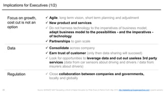 24
Focus on growth,
cost cut is not an
option
 Agile, long term vision, short term planning and adjustment
 New product and services
 Do not harness technology to the imperatives of business model;
adapt business model to the possibilities - and the imperatives -
of technology
 Partnerships to gain scale
Data  Consolidate across company
 Earn trust of customer (only then data sharing will succeed)
 Look for opportunities to leverage data and cut out useless 3rd party
services (data from car sensors about driving and drivers / data from
insurers about drivers)
Regulation
Implications for Executives (1/2)
 Close collaboration between companies and governments,
locally and globally
Source: BORGES' MAP Navigating a World of Digital Disruption by Philip Evans & Patrick Forth, May 2015, http://digitaldisrupt.bcgperspectives.com/, experts opinions
 