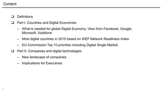 5
Content
 Definitions
 Part I. Countries and Digital Economies
‒ What is needed for global Digital Economy. View from Facebook, Google,
Microsoft, Vodafone
‒ Most digital countries in 2015 based on WEF Network Readiness Index
‒ EU Commission Top 10 priorities including Digital Single Market
 Part II. Companies and digital technologies
‒ New landscape of companies
‒ Implications for Executives
 