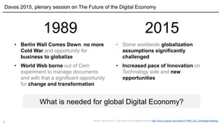 8
1989
• Berlin Wall Comes Down, no more
Cold War and opportunity for
business to globalize
• World Web borne out of Cern
experiment to manage documents
and with that a significant opportunity
for change and transformation
2015
• Some worldwide globalization
assumptions significantly
challenged
• Increased pace of Innovation on
Technology side and new
opportunities
What is needed for global Digital Economy?
Source: Davos 2015 - The Future of the Digital Economy http://www.youtube.com/watch?v=PjW_GSv_Qm0&app=desktop
Davos 2015, plenary session on The Future of the Digital Economy
 