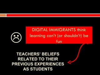 DIGITAL IMMIGRANTS think

     learning can’t (or shouldn’t) be
                    fun

  TEACHERS’ BELIEFS
   RELATED TO THEIR
PREVIOUS EXPERIENCES
     AS STUDENTS
 