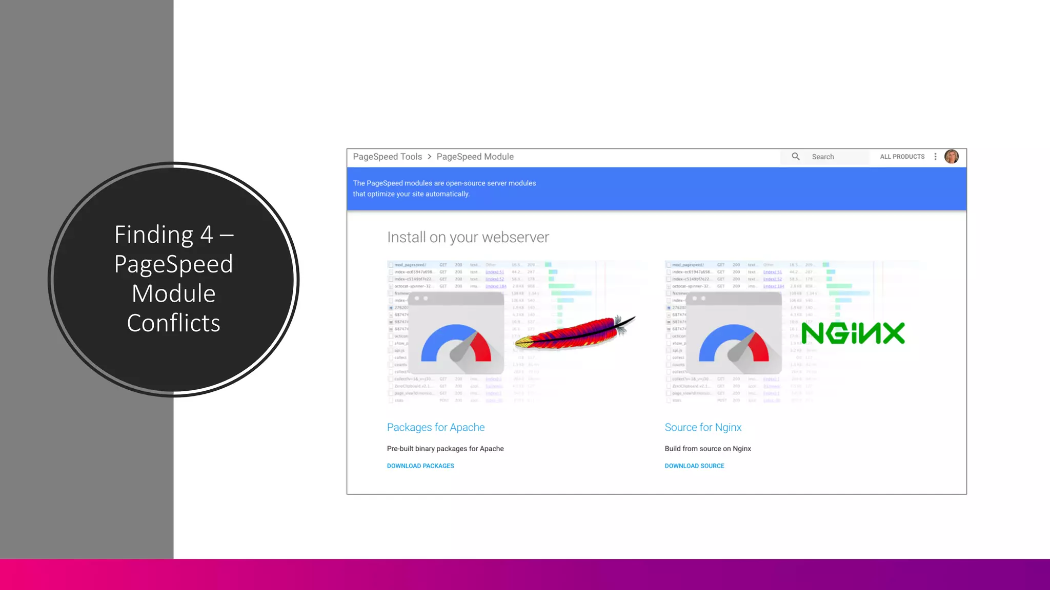 Finding	
  4	
  –
PageSpeed	
  
Module	
  
Conflicts
 