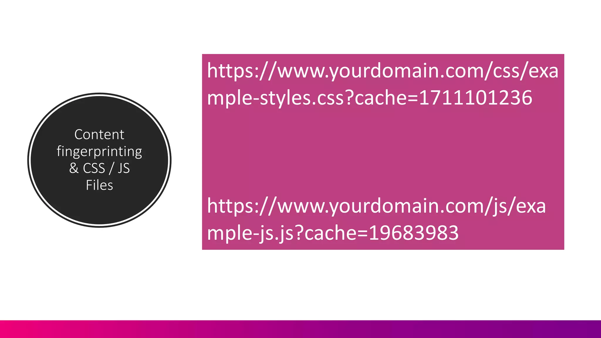 Content	
  
fingerprinting	
  
&	
  CSS	
  /	
  JS	
  
Files
https://www.yourdomain.com/css/exa
mple-­‐styles.css?cache=1711101236
https://www.yourdomain.com/js/exa
mple-­‐js.js?cache=19683983
 