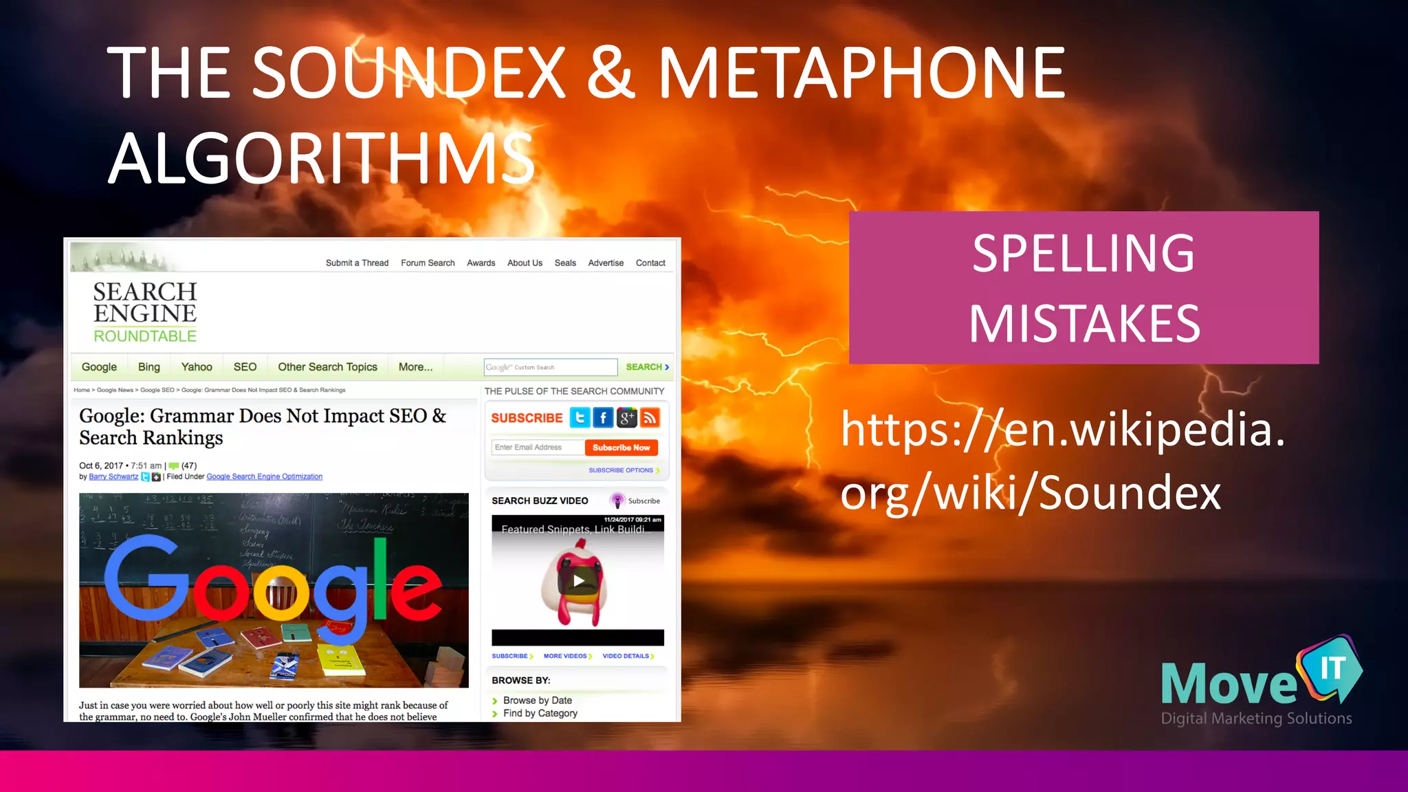 THE	
  SOUNDEX	
  &	
  METAPHONE	
  
ALGORITHMS
https://en.wikipedia.
org/wiki/Soundex
SPELLING	
  
MISTAKES
 