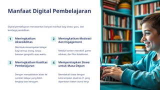 Manfaat Digital Pembelajaran
Digital pembelajaran menawarkan banyak manfaat bagi siswa, guru, dan
lembaga pendidikan.
1 Meningkatkan
Aksesibilitas
Membuka kesempatan belajar
bagi semua orang, tanpa
batasan geografis atau waktu.
2 Meningkatkan Motivasi
dan Engagement
Melalui konten interaktif, game
edukasi, dan fitur kolaborasi.
3 Meningkatkan Kualitas
Pembelajaran
Dengan menyediakan akses ke
sumber belajar yang lebih
lengkap dan beragam.
4 Mempersiapkan Siswa
untuk Masa Depan
Membekali siswa dengan
keterampilan abad ke-21 yang
diperlukan dalam dunia kerja.
 