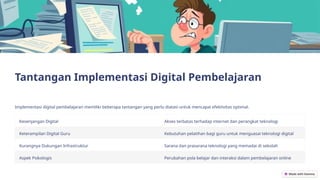 Tantangan Implementasi Digital Pembelajaran
Implementasi digital pembelajaran memiliki beberapa tantangan yang perlu diatasi untuk mencapai efektivitas optimal.
Kesenjangan Digital Akses terbatas terhadap internet dan perangkat teknologi
Keterampilan Digital Guru Kebutuhan pelatihan bagi guru untuk menguasai teknologi digital
Kurangnya Dukungan Infrastruktur Sarana dan prasarana teknologi yang memadai di sekolah
Aspek Psikologis Perubahan pola belajar dan interaksi dalam pembelajaran online
 
