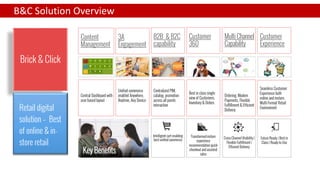 Cross Channel Visibility |
Flexible Fulfillment |
Efficient Delivery
B&C Solution Overview
Brick & Click
Customer
Experience
Seamless Customer
Experience both
online and instore.
Multi Format Retail
Environment
Customer
360
Best in class single
view of Customers,
Inventory & Orders
B2B & B2C
capability
Centralized PIM,
catalog, promotion
across all points
interaction
Content
Management
Central Dashboard with
user based layout
3A
Engagement
Unified commerce
enabled Anywhere,
Anytime, Any Device
Multi Channel
Capability
Ordering, Modern
Payments, Flexible
Fulfillment & Efficient
Delivery
Intelligent cart enabling
best unified commerce
Transformed instore
experience
recommendation quick
checkout and assisted
sales
Future Ready | Best in
Class | Ready to Use
Key Benefits
Retail digital
solution – Best
of online & in-
store retail
 
