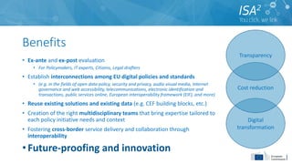 Benefits
• Ex-ante and ex-post evaluation
• For Policymakers, IT experts, Citizens, Legal drafters
• Establish interconnections among EU digital policies and standards
• (e.g. in the fields of open data policy, security and privacy, audio visual media, Internet
governance and web accessibility, telecommunications, electronic identification and
transactions, public services online, European interoperability framework (EIF), and more)
• Reuse existing solutions and existing data (e.g. CEF building blocks, etc.)
• Creation of the right multidisciplinary teams that bring expertise tailored to
each policy initiative needs and context
• Fostering cross-border service delivery and collaboration through
interoperability
•Future-proofing and innovation
Digital
transformation
Cost reduction
Transparency
 