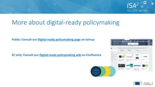 More about digital-ready policymaking
Public: Consult our Digital-ready policymaking page on Joinup
EC only: Consult our Digital-ready policymaking wiki on Confluence
 