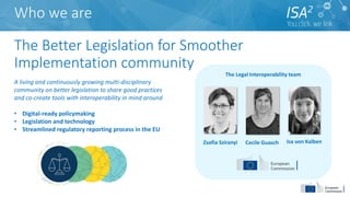 Isa von Kalben
Cecile Guasch
Zsofia Sziranyi
The Legal Interoperability team
A living and continuously growing multi-disciplinary
community on better legislation to share good practices
and co-create tools with interoperability in mind around
• Digital-ready policymaking
• Legislation and technology
• Streamlined regulatory reporting process in the EU
Who we are
The Better Legislation for Smoother
Implementation community
 