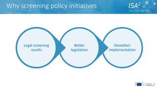 Smoother
implementation
Better
legislation
Legal screening
results
Why screening policy initiatives
 