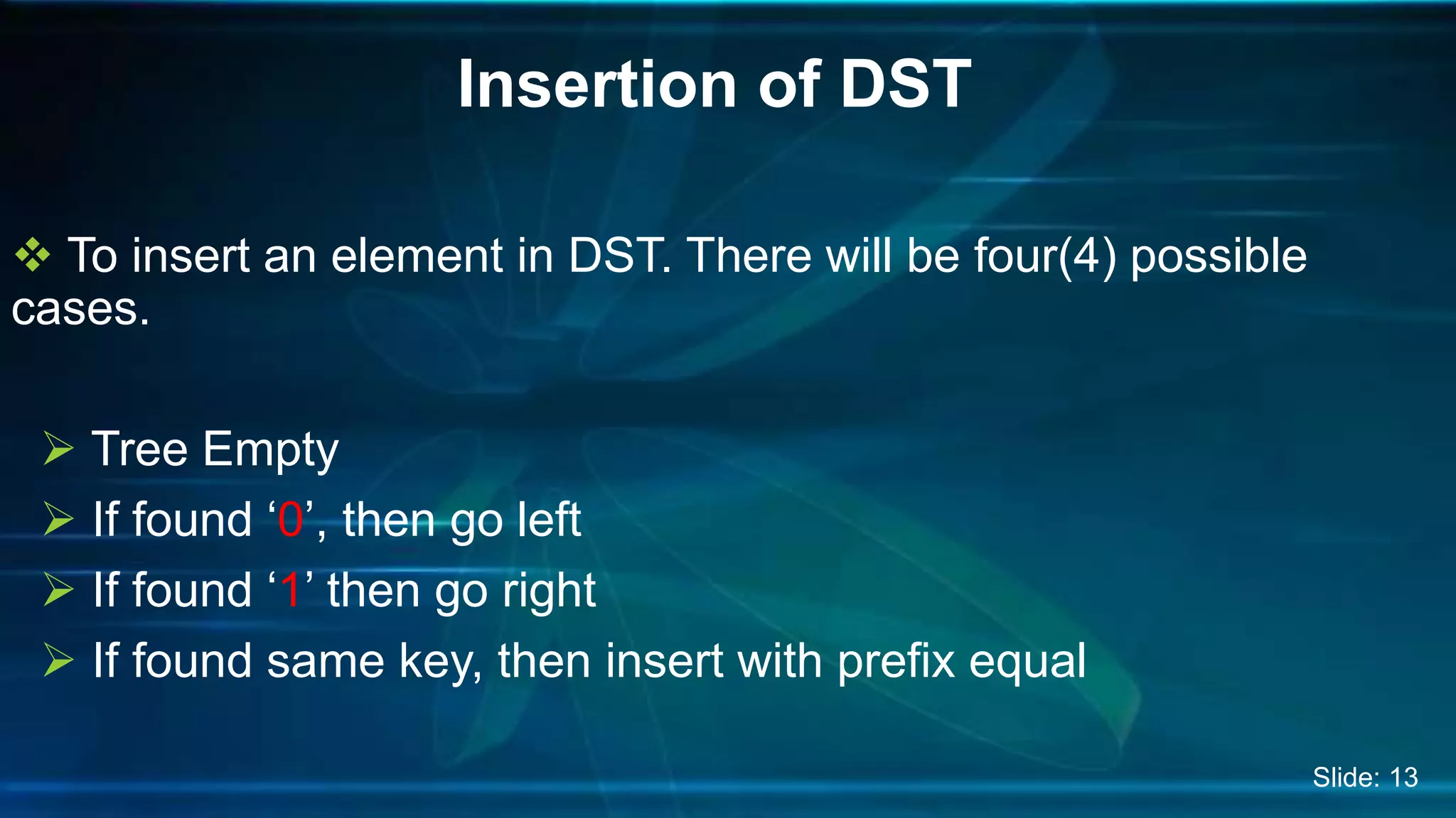  To insert an element in DST. There will be four(4) possible
cases.
 Tree Empty
 If found ‘0’, then go left
 If found ‘1’ then go right
 If found same key, then insert with prefix equal
Insertion of DST
Slide: 13
 