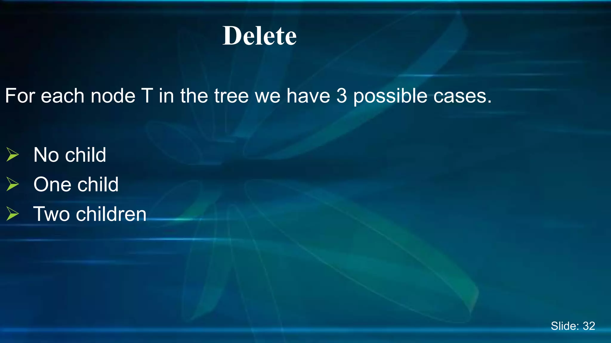 For each node T in the tree we have 3 possible cases.
 No child
 One child
 Two children
Delete
Slide: 32
 