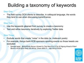 Building a taxonomy of keywords
Step One
•  The field survey DCA clients to describe, in colloquial language, the
words th...