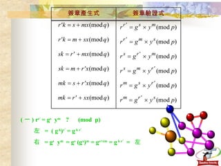 ( 一 ) r r ’  = g s   y m  ?  (mod  p) 左  =  ( g  k ) r ’  = g  k r ’   右  = g s   y m  = g s  (g x ) m  = g s+xm  = g  k r ’   =  左 
