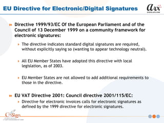 EU Directive for Electronic/Digital Signatures

  Directive 1999/93/EC Of the European Parliament and of the
    Council ...