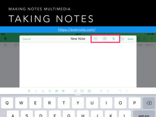 TA K I N G N O T E S
M A K I N G N O T E S M U LT I M E D I A
https://evernote.com/
 