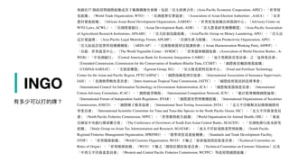 | INGO
我國在37 個政府間國際組織或其下屬機構擁有會籍，包括「亞太經濟合作」(Asia-Paciﬁc Economic Cooperation, APEC)、「世界貿
易組織」（World Trade Organization, WTO）、「亞洲選舉官署協會」（Association of Asian Election Authorities , AAEA）、「亞非
農村發展組織」（African-Asian Rural Development Organization, AARDO）、「世界貿易組織法律諮詢中⼼」（Advisory Centre on
WTO Laws, ACWL）、「亞洲開發銀⾏」（Asian Development Bank, ADB）、「亞太農業研究機構聯盟」（Asia-Paciﬁc Association
of Agricultural Research Institutions, APAARI）、「亞太防制洗錢組織」（Asia/Paciﬁc Group on Money Laundering, APG）、「亞太法
定計量論壇」（Asia-Paciﬁc Legal Metrology Forum, APLMF）、「亞洲⽣產⼒組織」（Asian Productivity Organization, APO）、
「亞太區追討犯罪所得機構網絡」（ARIN-AP）、「亞洲醫療器材法規調和會」( Asian Harmonization Working Party, AHWP）、
「亞蔬－世界蔬菜中⼼」（The World Vegetable Center - AVRDC）、「世界選舉機關協會」(Association of World Election Bodies , A-
WEB)、「中美洲銀⾏」（Central American Bank for Economic Integration, CABEI）、「南⽅⿊鮪保育委員會」之「延伸委員會」
（Extended Commission, Commission for the Conservation of Southern Blueﬁn Tuna, CCSBT）、「國際衛星輔助搜救組織」
（COSPAS-SARSAT）、「艾格蒙聯盟」（Egmont Group, EG）、「亞太糧食肥料技術中⼼」（Food and Fertilizer Technology
Center for the Asian and Paciﬁc Region, FFTC/ASPAC）、「國際保險監理官協會」（International Association of Insurance Supervisors,
IAIS）、「美洲熱帶鮪⿂委員會」（Inter-American Tropical Tuna Commission, IATTC）、「國際政府資訊科技理事會」
（International Council for Information Technology in Government Administration, ICA）、「國際棉業諮詢委員會」（International
Cotton Advisory Committee, ICAC）、「國際競爭網絡」（International Competition Network, ICN）、「審計監理機關國際論壇」
（International Forum of Independent Audit Regulators, IFIAR）、「國際證券管理機構組織」（International Organizations of Securities
Commissions, IOSCO）、「國際種⼦檢查協會」（International Seed Testing Association, ISTA）、「北太平洋鮪類及似鮪類國際科
學委員會」（International Scientiﬁc Committee for Tuna and Tuna-like Species in the North Paciﬁc Ocean, ISC）、「北太平洋漁業委員
會」（North Paciﬁc Fisheries Commission, NPFC）、「世界動物衛⽣組織」（World Organisation for Animal Health, OIE）、「東南
亞國家中央銀⾏總裁聯合會」（The Conference of Governors of South East Asian Central Banks, SEACEN）、「亞洲稅務⾏政及研究
組織」（Study Group on Asian Tax Administration and Research, SGATAR）、「南太平洋區域漁業管理組織」（South Paciﬁc
Regional Fisheries Management Organisation, SPRFMO）、「標準與貿易發展機構」（Standards and Trade Development Facility,
STDF）、「世界關務組織」（World Customs Organization, WCO）下屬之「原產地規則技術委員會」（Technical Committee on
Rules of Origin）、「世界關務組織」（WCO）下屬之「關稅估價技術委員會」（Technical Committee on Customs Valuation）以及
「中西太平洋漁業委員會」（Western and Central Paciﬁc Fisheries Commission, WCPFC）等政府間國際組織。
有多少可以打的牌？
 