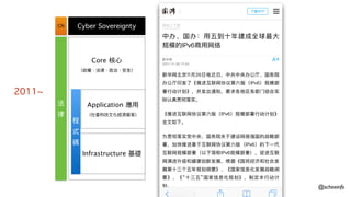 Cyber Sovereignty
Core 核⼼心
（政權、法律律、政治、安全）
Application 應⽤用 
（社會科技⽂文化經濟貿易易）
Infrastructure 基礎
法
律律
程
式
碼
CN
2011~
@scheeinfo
 