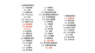 2. 基礎和標準聚落
2.1. 電信基礎
2.2. 技術
2.3. 網路技術
2.4. IP Number
2.5. DNS
2.6. Root zone
2.7. 網路中立性
2.8. 雲端運算
2.9. 數位匯流
2.10. IoT
3. 安全聚落
3.1. 網路安全
3.2. 網路犯罪
3.3. 關 資 架構
3.4. 網路衝突
3.5. 兒少網安
3.6. 加密
3.7. 郵件
3.8. 電子簽章
4. 人權聚落
4.1. 言論自由
4.2. 隱私與資料保護
4.3. 身心障礙者的網路近用
4.4. 女性網路權益
4.5. 其他人權議題
5. 法律聚落
5.1. 管轄權
5.2. 仲裁
5.3. 著作權
5.4. 商標
5.5. 勞動法
5.6. 中介機構
6. 商務聚落
6.1. 電子商務
6.2. 電子貨幣/虛擬貨幣
6.3. 消費者權益保護
6.4. 稅務
7. 國際發展聚落
7.1. 頻近用
7.2. 數位落差
7.3. 培力發展
7.4. 其他發展議題
8. 社會文化聚落
8.1. 內容政策
8.2. 文化多樣性
8.3. 多語
8.4. 線上教育
8.5. 全球公益
 