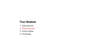 Four Baskets
1. Cybersecurity
2. Digital Economy
3. Human Rights
4. Technology
 