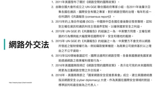 | 網路路外交法
1. 2011年年美國發布了了關於《網路路空間的國際政策》。

2. 由聯聯合國⼤大會所成立之 UN GGE 聯聯合國政府專家⼩小組，在2011年年後屢屢次召
集各國在通訊、國際安全有關之專家，對於網路路空間的治理理，每年年形成⼀一
份所謂的《共識報告 (consensus report)》。

3. 2015年年的上海海合作組織 (SCO)，中國與中亞各國在會後聯聯合發表聲明，認知
到主權在資訊和通訊科技主張邊界官制，以確保國家安全之利利益。

4. 2015年年 UN GGE 的《共識報告》的結論之⼀一為：中美雙⽅方同意，主權在網
路路的⾏行行為慣例例能⼤大幅度降低國際和平、安全和穩地的風險。

5. 2015年年 UN GGE 的《共識報告》的結論之⼀一為：中美雙⽅方不會⽀支持以網路路
所發起之智財侵權⾏行行為，例例如竊取營業機密，為商業公司提供基於以上理理
由之不公平資助。

6. 2015年年G20領袖會議認可，國際法適⽤用於網路路空間，各會員國應避免國家資
助透過網路路之商業權利利侵害⾏行行為。

7. 2016年年美國國務院修訂《網路路空間的國際政策》，表⽰示在可⾒見見的未來來國務院
將更更為注重網路路空間之外交投資。

8. 2016年年，美國商務部之「國家網路路安全促進委員會」成立，建立美國總統應
指派網路路安全 (cyber diplomacy) ⼤大使，作為美國在國際安全領域的對話、
標準談判和最佳做為之代表⼈人。

https://netpolicy.taipei.io/3ae31e4a5d59
 