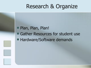 Research & Organize Plan, Plan, Plan! Gather Resources for student use Hardware/Software demands 