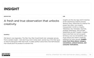 INSIGHT
DEFINITION

USE

A fresh and true observation that unlocks
creativity

Insights are the oily rags and lit matches
of the advertising creative process.
Without them, there’d be no creative fire
power. But often, non-insights
masquerade in briefs as insights.
Takeaways, key messages, tag lines,
strategy statements, and outright
falsehoods are NOT insights. Insights
have to be fresh (so not occupied
territory), true (so not bullshit), and
must unlock your team’s creativity
(different for every group). Insights
come from three places: category
conventions, cultural tensions, and
consumer motivations.

EXAMPLE

Old Spice’s now legendary ‘The Man Your Man Could Smell Like’ campaign sprung
from a simple insight – men don’t buy men’s body wash, woman buy it for their guys
so they’ll smell good. With that truth, it makes perfect sense that a hot half-dressed
man would pitch his product to women first.

DIGITAL STRATEGY 101, FIRST EDITION BY @BUD_CADDELL

36

 