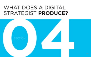 WHAT DOES A DIGITAL
STRATEGIST PRODUCE?

SECTION

DIGITAL STRATEGY 101, FIRST EDITION BY @BUD_CADDELL

59

 