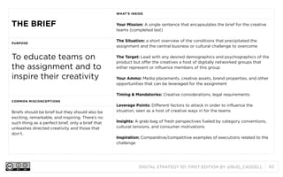 WHAT’S INSIDE

THE BRIEF
PURPOSE

To educate teams on
the assignment and to
inspire their creativity

Your Mission: A single sentence that encapsulates the brief for the creative
teams (completed last)
The Situation: a short overview of the conditions that precipitated the
assignment and the central business or cultural challenge to overcome
The Target: Lead with any desired demographics and psychographics of the
product but offer the creatives a host of digitally networked groups that
either represent or influence members of this group
Your Ammo: Media placements, creative assets, brand properties, and other
opportunities that can be leveraged for the assignment
Timing & Mandatories: Creative considerations, legal requirements

COMMON MISCONCEPTIONS

Briefs should be brief but they should also be
exciting, remarkable, and inspiring. There’s no
such thing as a perfect brief, only a brief that
unleashes directed creativity and those that
don’t.

Leverage Points: Different factors to attack in order to influence the
situation, seen as a host of creative ways in for the teams
Insights: A grab-bag of fresh perspectives fueled by category conventions,
cultural tensions, and consumer motivations
Inspiration: Comparative/competitive examples of executions related to the
challenge

DIGITAL STRATEGY 101, FIRST EDITION BY @BUD_CADDELL

62

 