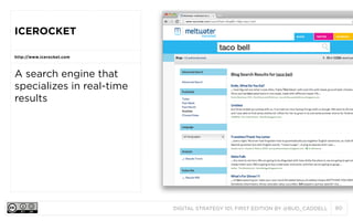 ICEROCKET
http://www.icerocket.com

A search engine that
specializes in real-time
results

DIGITAL STRATEGY 101, FIRST EDITION BY @BUD_CADDELL

80

 