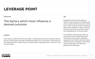 DIGITAL STRATEGY 101, FIRST EDITION BY @BUD_CADDELL 33
LEVERAGE POINTLEVERAGE POINT
DEFINITION USE
The factors which most influence a
desired outcome
Sometimes you have the ability to
influence sales directly with digital (like
when a client sells their product online),
but in other cases you have to influence
sales more indirectly. In those instances,
the work should be focused to impact
the leverage points of the purchase.
For example, when buying a new car,
consumers can be influenced by the
sticker price, the reviews of experts,
suggestions by friends, and the cultural
signal that the car denotes. All of which
can be acted upon to further the
likelihood of a final sale.
EXAMPLE
Sometimes you have the ability to
influence sales directly with digital (like
when a client sells their product online),
but in other cases you have to influence
sales more indirectly. In those instances,
the work should be focused to impact
the leverage points of the purchase.
For example, when buying a new car,
consumers can be influenced by the
sticker price, the reviews of experts,
suggestions by friends, and the cultural
signal that the car denotes. All of which
can be acted upon to further the
likelihood of a final sale.
How quickly a bathtub will fill with water is influenced by the rate of water entering
the tub via the faucet, the rate of water leaving the tub via the drain, and the size of
the tub itself. Each of these factors could be called a leverage point in how fast a tub
fills with water.
Sometimes you have the ability to
influence sales directly with digital (like
when a client sells their product online),
but in other cases you have to influence
sales more indirectly. In those instances,
the work should be focused to impact
the leverage points of the purchase.
For example, when buying a new car,
consumers can be influenced by the
sticker price, the reviews of experts,
suggestions by friends, and the cultural
signal that the car denotes. All of which
can be acted upon to further the
likelihood of a final sale.
 