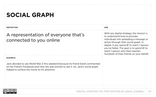 DIGITAL STRATEGY 101, FIRST EDITION BY @BUD_CADDELL 43
SOCIAL GRAPHSOCIAL GRAPH
DEFINITION USE
A representation of everyone that’s
connected to you online
With any digital strategy, the mission is
to understand how to provoke
individuals into spreading a message or
action through their social graph. In
digital, if you spend $1 to reach 1 person,
you’ve failed. The goal is to spend $1 to
reach 1 person who then reaches
hundreds of their friends on your behalf.
EXAMPLE
With any digital strategy, the mission is
to understand how to provoke
individuals into spreading a message or
action through their social graph. In
digital, if you spend $1 to reach 1 person,
you’ve failed. The goal is to spend $1 to
reach 1 person who then reaches
hundreds of their friends on your behalf.
Jack decided to see World War Z this weekend because his friend Sarah commented
on her friend’s Facebook post that she was excited to see it. So, Jack’s social graph
helped to surface the movie to his attention.
With any digital strategy, the mission is
to understand how to provoke
individuals into spreading a message or
action through their social graph. In
digital, if you spend $1 to reach 1 person,
you’ve failed. The goal is to spend $1 to
reach 1 person who then reaches
hundreds of their friends on your behalf.
 