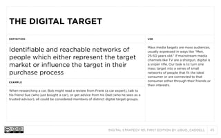 DIGITAL STRATEGY 101, FIRST EDITION BY @BUD_CADDELL 45
THE DIGITAL TARGETTHE DIGITAL TARGET
DEFINITION USE
Identifiable and reachable networks of
people which either represent the target
market or influence the target in their
purchase process
Mass media targets are mass audiences,
usually expressed in ways like “Men,
25-50 years old.” If mainstream media
channels like TV are a shotgun, digital is
a sniper rifle. Our task is to turn one
mass target into a series of small
networks of people that fit the ideal
consumer or are connected to that
consumer either through their friends or
their interests.
EXAMPLE
Mass media targets are mass audiences,
usually expressed in ways like “Men,
25-50 years old.” If mainstream media
channels like TV are a shotgun, digital is
a sniper rifle. Our task is to turn one
mass target into a series of small
networks of people that fit the ideal
consumer or are connected to that
consumer either through their friends or
their interests.
When researching a car, Bob might read a review from Frank (a car expert), talk to
his friend Sue (who just bought a car), or get advice from his Dad (who he sees as a
trusted advisor), all could be considered members of distinct digital target groups.
Mass media targets are mass audiences,
usually expressed in ways like “Men,
25-50 years old.” If mainstream media
channels like TV are a shotgun, digital is
a sniper rifle. Our task is to turn one
mass target into a series of small
networks of people that fit the ideal
consumer or are connected to that
consumer either through their friends or
their interests.
 