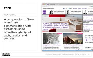 DIGITAL STRATEGY 101, FIRST EDITION BY @BUD_CADDELL 82
PSFK
http://www.psfk.com/
A compendium of how
brands are
communicating with
customers using
breakthrough digital
tools, tactics, and
services.
 