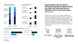 What does it mean to act boldly? McKinsey &
Company suggests four areas of focus, each of
which goes beyond applying “digital lipstick” and
toward innovating entirely new digital offerings,
deploying design thinking and technologies like
artificial intelligence (AI) at scale across your
business, and doing all of this “at pace” through
acquisitions.
Organizations that are able to
leverage things like design thinking
into their new offerings will see
significant first-mover advantage
New offerings Reinvent your
business model at
its core
Boldly evolve your
business portfolio
 