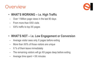 • WHAT’S WORKING – i.e. High Traffic
-

Over 1 Million page views in the last 90 days
From more than XXX visits
XX% traffi...