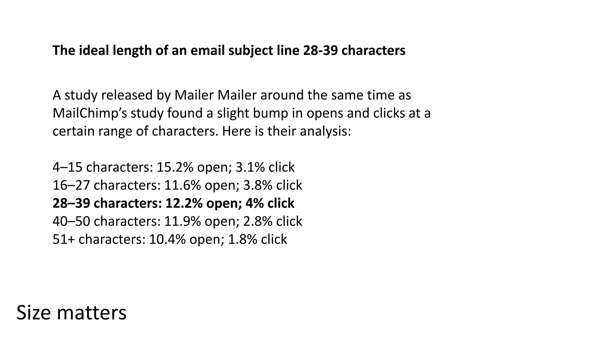 Size matters
The ideal length of an email subject line 28-39 characters
A study released by Mailer Mailer around the same time as
MailChimp’s study found a slight bump in opens and clicks at a
certain range of characters. Here is their analysis:
4–15 characters: 15.2% open; 3.1% click
16–27 characters: 11.6% open; 3.8% click
28–39 characters: 12.2% open; 4% click
40–50 characters: 11.9% open; 2.8% click
51+ characters: 10.4% open; 1.8% click
 