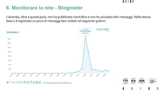 8. Monitorare la rete - Blogmeter
L’azienda, oltre a questo post, non ha pubblicato nient’altro e non ha veicolato altri messaggi. Nella stessa
data si è registrato un picco di messaggi ben visibile nel seguente grafico:
 