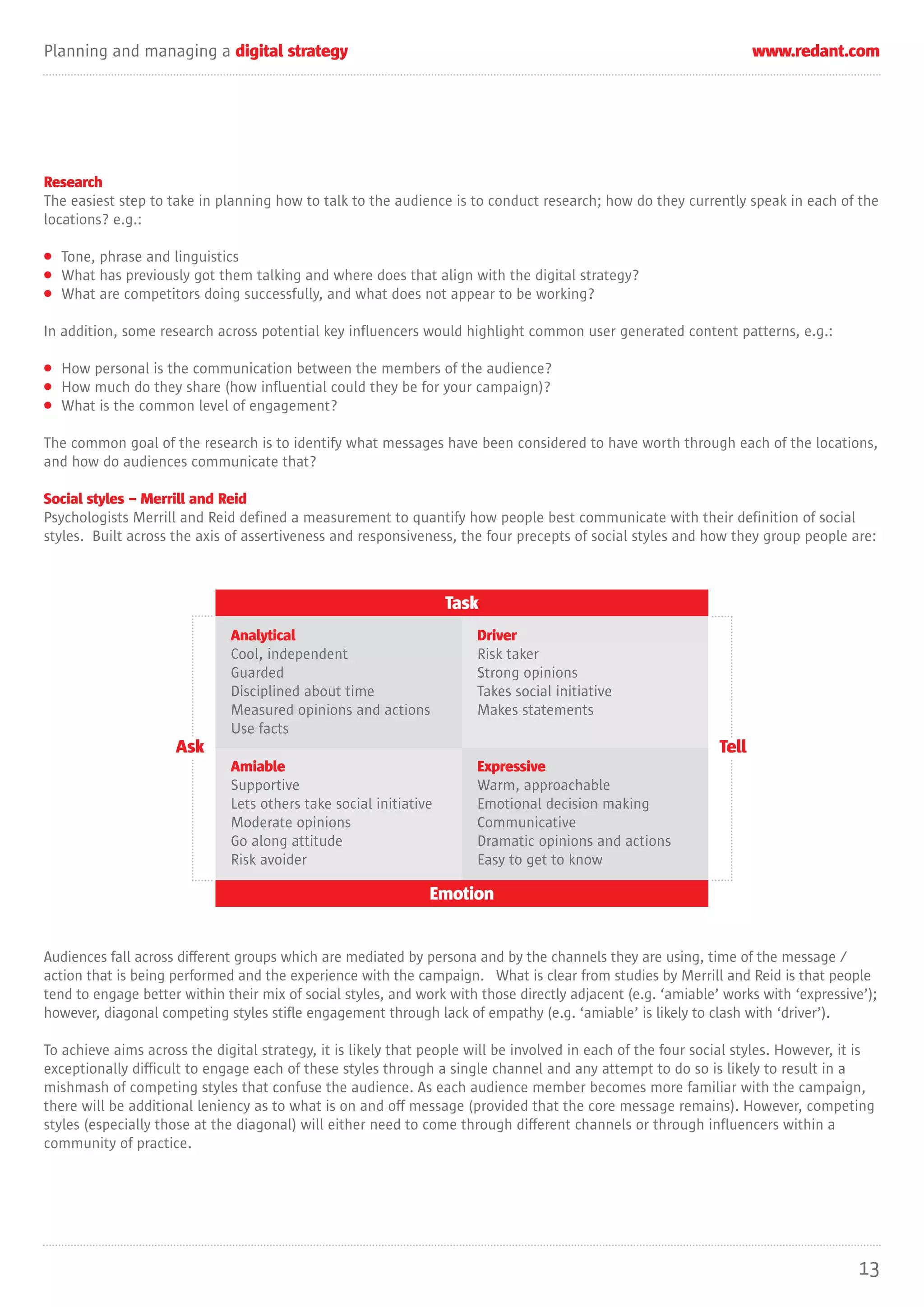 Planning and managing a digital strategy                                                                             www.redant.com




Research
The easiest step to take in planning how to talk to the audience is to conduct research; how do they currently speak in each of the
locations? e.g.:

• Tone, phrase and linguistics
• What has previously got them talking and where does that align with the digital strategy?
• What are competitors doing successfully, and what does not appear to be working?

In addition, some research across potential key influencers would highlight common user generated content patterns, e.g.:

• How personal is the communication between the members of the audience?
• How much do they share (how influential could they be for your campaign)?
• What is the common level of engagement?

The common goal of the research is to identify what messages have been considered to have worth through each of the locations,
and how do audiences communicate that?

Social styles – Merrill and Reid
Psychologists Merrill and Reid defined a measurement to quantify how people best communicate with their definition of social
styles. Built across the axis of assertiveness and responsiveness, the four precepts of social styles and how they group people are:



                                                                   Task
                              Analytical                              Driver
                              Cool, independent                       Risk taker
                              Guarded                                 Strong opinions
                              Disciplined about time                  Takes social initiative
                              Measured opinions and actions           Makes statements
                              Use facts
                     Ask                                                                                      Tell
                              Amiable                                 Expressive
                              Supportive                              Warm, approachable
                              Lets others take social initiative      Emotional decision making
                              Moderate opinions                       Communicative
                              Go along attitude                       Dramatic opinions and actions
                              Risk avoider                            Easy to get to know

                                                               Emotion


Audiences fall across different groups which are mediated by persona and by the channels they are using, time of the message /
action that is being performed and the experience with the campaign. What is clear from studies by Merrill and Reid is that people
tend to engage better within their mix of social styles, and work with those directly adjacent (e.g. ‘amiable’ works with ‘expressive’);
however, diagonal competing styles stifle engagement through lack of empathy (e.g. ‘amiable’ is likely to clash with ‘driver’).

To achieve aims across the digital strategy, it is likely that people will be involved in each of the four social styles. However, it is
exceptionally difficult to engage each of these styles through a single channel and any attempt to do so is likely to result in a
mishmash of competing styles that confuse the audience. As each audience member becomes more familiar with the campaign,
there will be additional leniency as to what is on and off message (provided that the core message remains). However, competing
styles (especially those at the diagonal) will either need to come through different channels or through influencers within a
community of practice.




                                                                                                                                     13
 