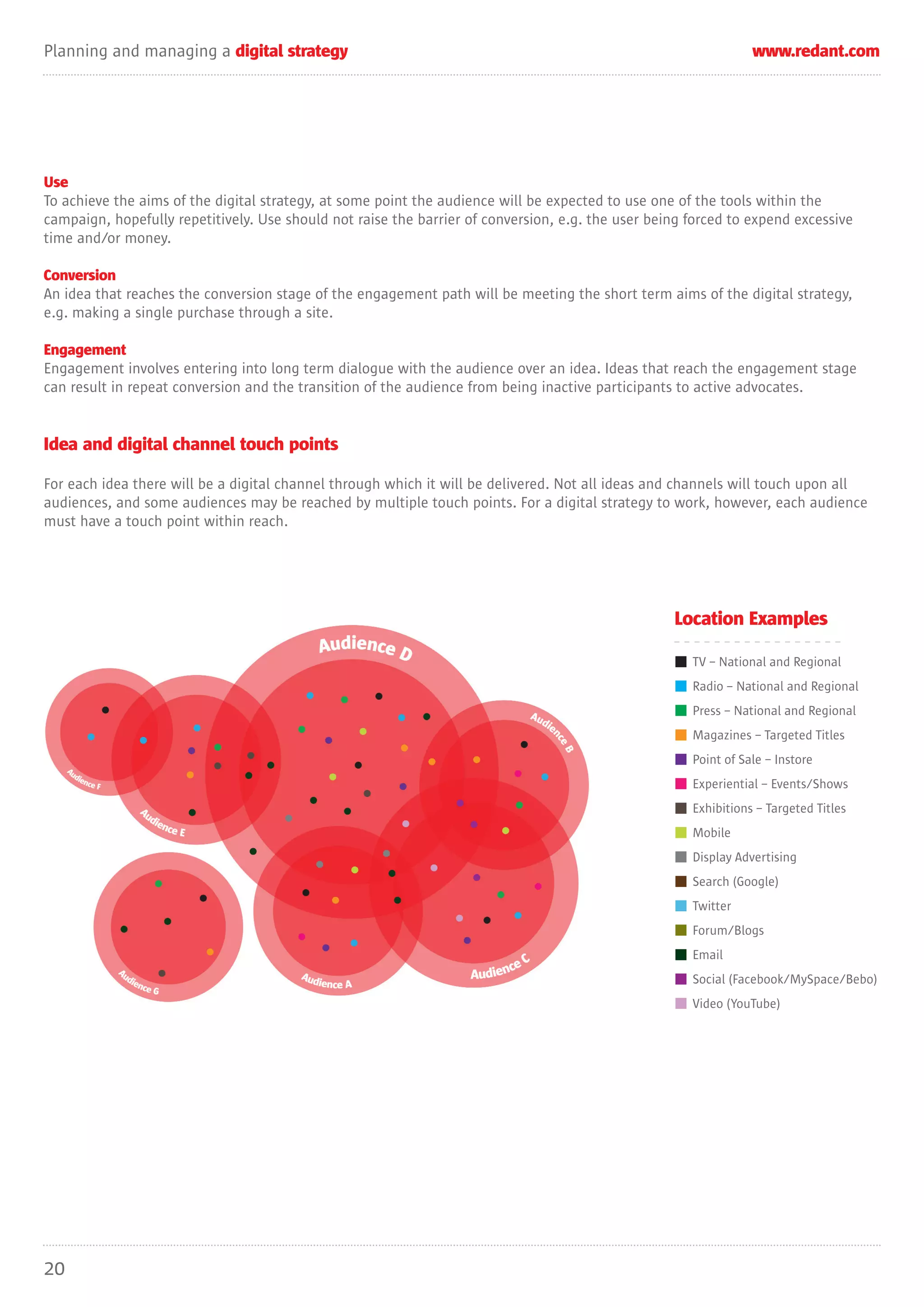 Planning and managing a digital strategy                                                                         www.redant.com




Use
To achieve the aims of the digital strategy, at some point the audience will be expected to use one of the tools within the
campaign, hopefully repetitively. Use should not raise the barrier of conversion, e.g. the user being forced to expend excessive
time and/or money.

Conversion
An idea that reaches the conversion stage of the engagement path will be meeting the short term aims of the digital strategy,
e.g. making a single purchase through a site.

Engagement
Engagement involves entering into long term dialogue with the audience over an idea. Ideas that reach the engagement stage
can result in repeat conversion and the transition of the audience from being inactive participants to active advocates.


Idea and digital channel touch points

For each idea there will be a digital channel through which it will be delivered. Not all ideas and channels will touch upon all
audiences, and some audiences may be reached by multiple touch points. For a digital strategy to work, however, each audience
must have a touch point within reach.




                                                                                                   Location Examples

                                                                                                      TV – National and Regional
                                                                                                      Radio – National and Regional
                                                                                                      Press – National and Regional
                                                                                                      Magazines – Targeted Titles
                                                                                                      Point of Sale – Instore
                                                                                                      Experiential – Events/Shows
                                                                                                      Exhibitions – Targeted Titles
                                                                                                      Mobile
                                                                                                      Display Advertising
                                                                                                      Search (Google)
                                                                                                      Twitter
                                                                                                      Forum/Blogs
                                                                                                      Email
                                                                                                      Social (Facebook/MySpace/Bebo)
                                                                                                      Video (YouTube)




20
 