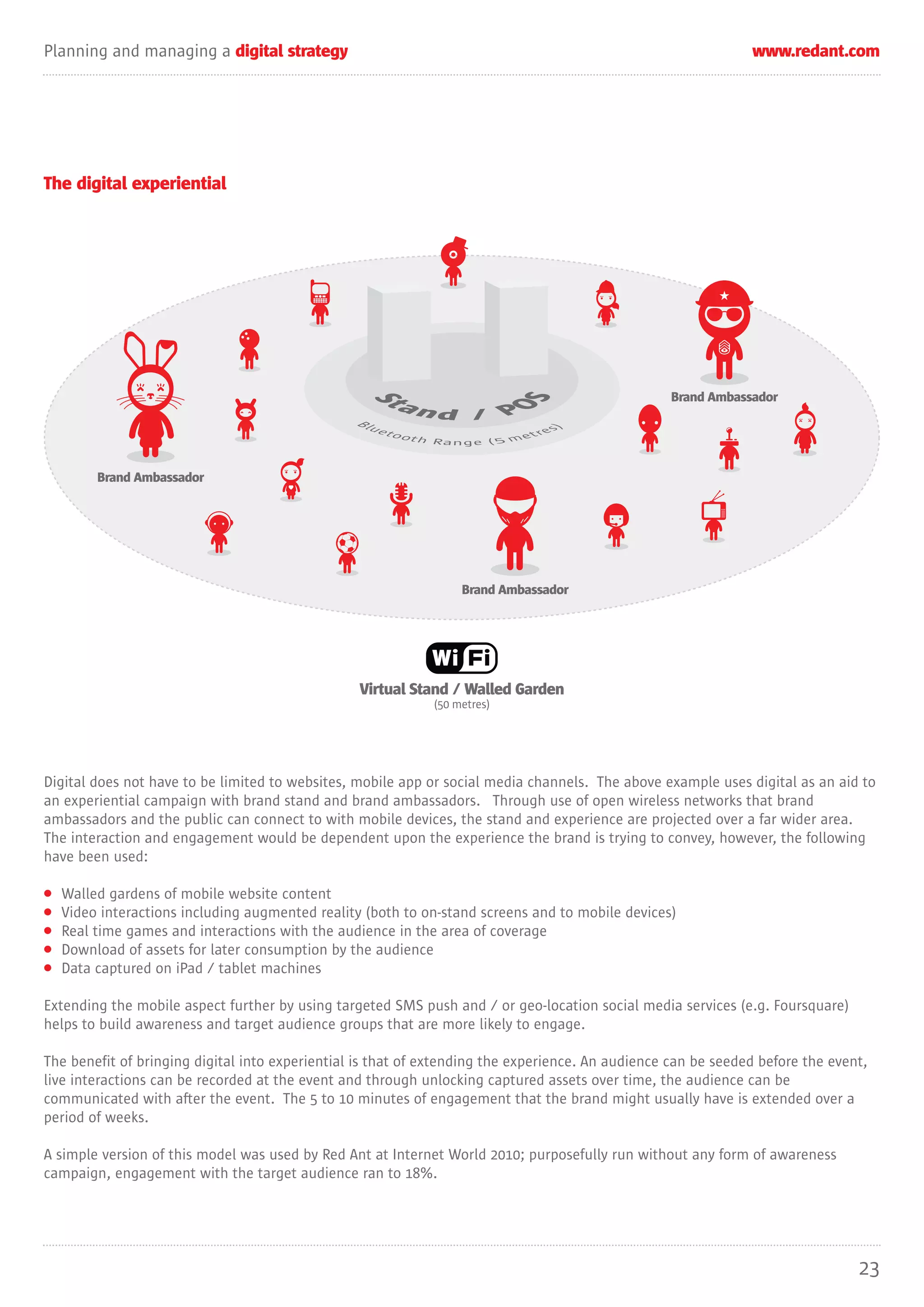 Planning and managing a digital strategy                                                                       www.redant.com




The digital experiential




                                                                                                  Brand Ambassador




         Brand Ambassador




                                                                  Brand Ambassador




                                                  Virtual Stand / Walled Garden
                                                             (50 metres)




Digital does not have to be limited to websites, mobile app or social media channels. The above example uses digital as an aid to
an experiential campaign with brand stand and brand ambassadors. Through use of open wireless networks that brand
ambassadors and the public can connect to with mobile devices, the stand and experience are projected over a far wider area.
The interaction and engagement would be dependent upon the experience the brand is trying to convey, however, the following
have been used:

•   Walled gardens of mobile website content
•   Video interactions including augmented reality (both to on-stand screens and to mobile devices)
•   Real time games and interactions with the audience in the area of coverage
•   Download of assets for later consumption by the audience
•   Data captured on iPad / tablet machines

Extending the mobile aspect further by using targeted SMS push and / or geo-location social media services (e.g. Foursquare)
helps to build awareness and target audience groups that are more likely to engage.

The benefit of bringing digital into experiential is that of extending the experience. An audience can be seeded before the event,
live interactions can be recorded at the event and through unlocking captured assets over time, the audience can be
communicated with after the event. The 5 to 10 minutes of engagement that the brand might usually have is extended over a
period of weeks.

A simple version of this model was used by Red Ant at Internet World 2010; purposefully run without any form of awareness
campaign, engagement with the target audience ran to 18%.




                                                                                                                                23
 
