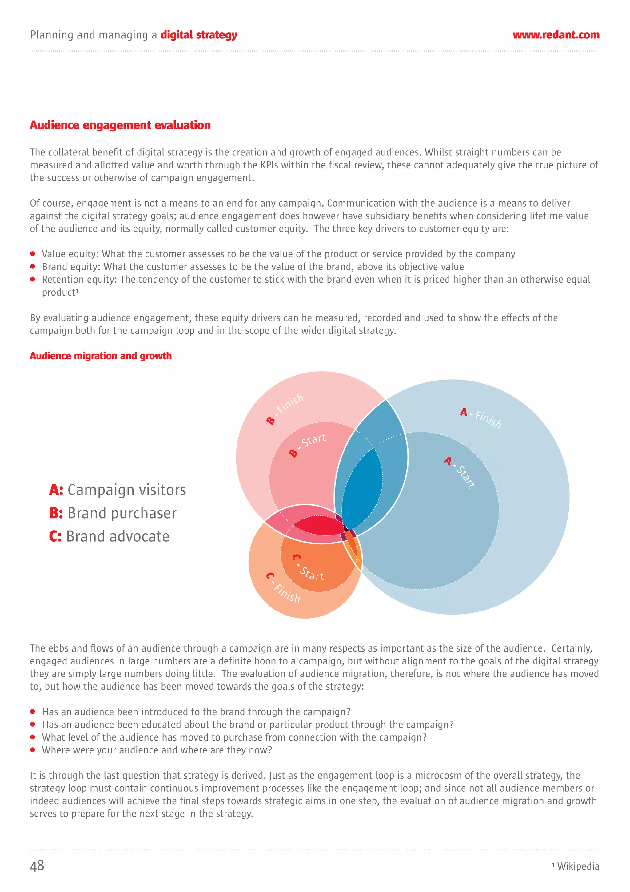 Planning and managing a digital strategy                                                                             www.redant.com




Audience engagement evaluation

The collateral benefit of digital strategy is the creation and growth of engaged audiences. Whilst straight numbers can be
measured and allotted value and worth through the KPIs within the fiscal review, these cannot adequately give the true picture of
the success or otherwise of campaign engagement.

Of course, engagement is not a means to an end for any campaign. Communication with the audience is a means to deliver
against the digital strategy goals; audience engagement does however have subsidiary benefits when considering lifetime value
of the audience and its equity, normally called customer equity. The three key drivers to customer equity are:

• Value equity: What the customer assesses to be the value of the product or service provided by the company
• Brand equity: What the customer assesses to be the value of the brand, above its objective value
• Retention equity: The tendency of the customer to stick with the brand even when it is priced higher than an otherwise equal
  product1

By evaluating audience engagement, these equity drivers can be measured, recorded and used to show the effects of the
campaign both for the campaign loop and in the scope of the wider digital strategy.

Audience migration and growth



                                                              ish
                                                          Fin                                          A - Fin
                                                                                                              is h
                                                      -
                                                     B




                                                                      tart
                                                                    -S
                                                              B




                                                                                              A-
                                                                                                   S
                                                                                                   ta
                                                                                                      rt

     A: Campaign visitors
     B: Brand purchaser
     C: Brand advocate
                                                              C -




                                                                  St
                                                                       art
                                                     C-




                                                         in
                                                        F




                                                              ish



The ebbs and flows of an audience through a campaign are in many respects as important as the size of the audience. Certainly,
engaged audiences in large numbers are a definite boon to a campaign, but without alignment to the goals of the digital strategy
they are simply large numbers doing little. The evaluation of audience migration, therefore, is not where the audience has moved
to, but how the audience has been moved towards the goals of the strategy:

•   Has an audience been introduced to the brand through the campaign?
•   Has an audience been educated about the brand or particular product through the campaign?
•   What level of the audience has moved to purchase from connection with the campaign?
•   Where were your audience and where are they now?

It is through the last question that strategy is derived. Just as the engagement loop is a microcosm of the overall strategy, the
strategy loop must contain continuous improvement processes like the engagement loop; and since not all audience members or
indeed audiences will achieve the final steps towards strategic aims in one step, the evaluation of audience migration and growth
serves to prepare for the next stage in the strategy.




48                                                                                                                         1 Wikipedia
 